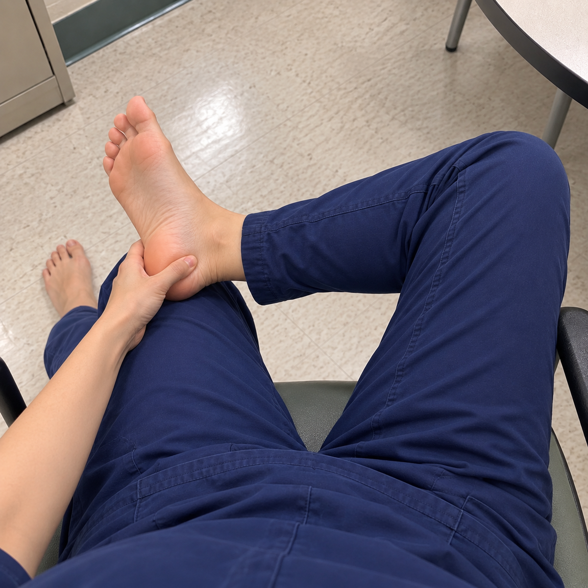 Nurse in scrubs rubbing her heel in the break room