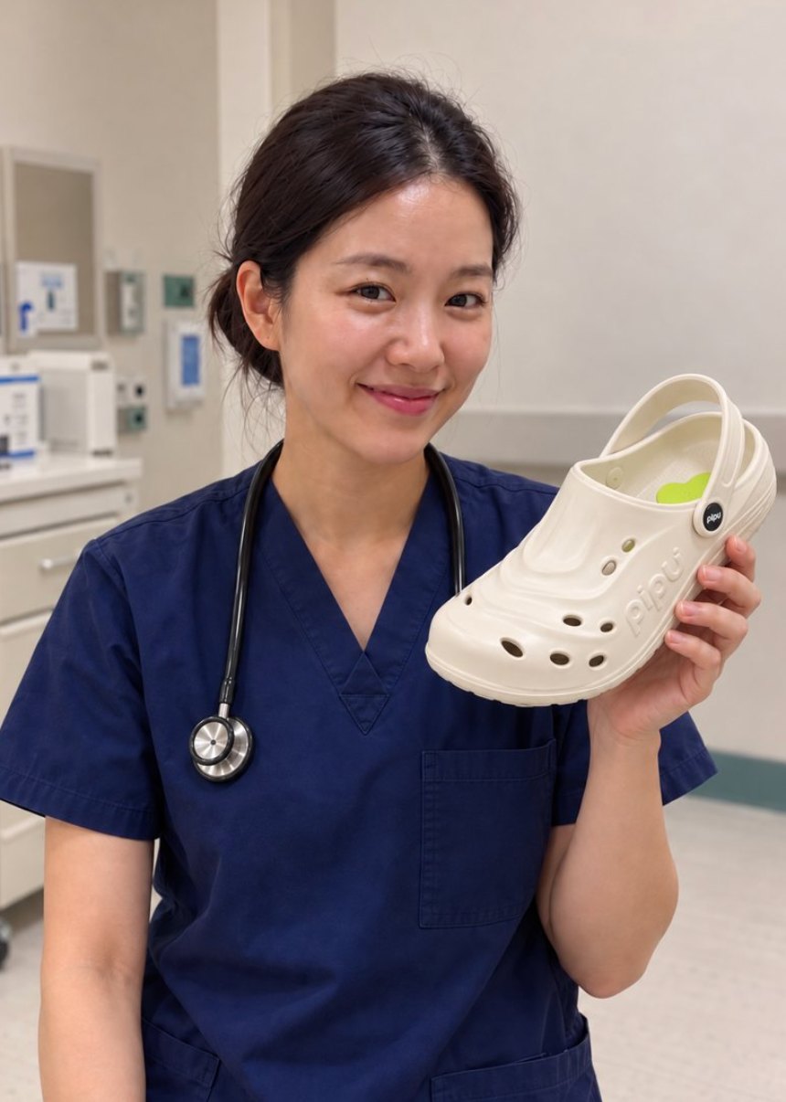 Nurse holding a cream PIPU clog